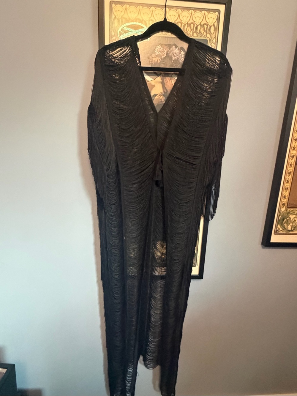 Black Fringe Open-Front Maxi Dress